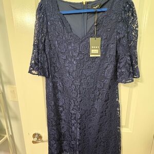 DKNY Women's Navy Lace Dress floral lace with solid matching lining and flutter